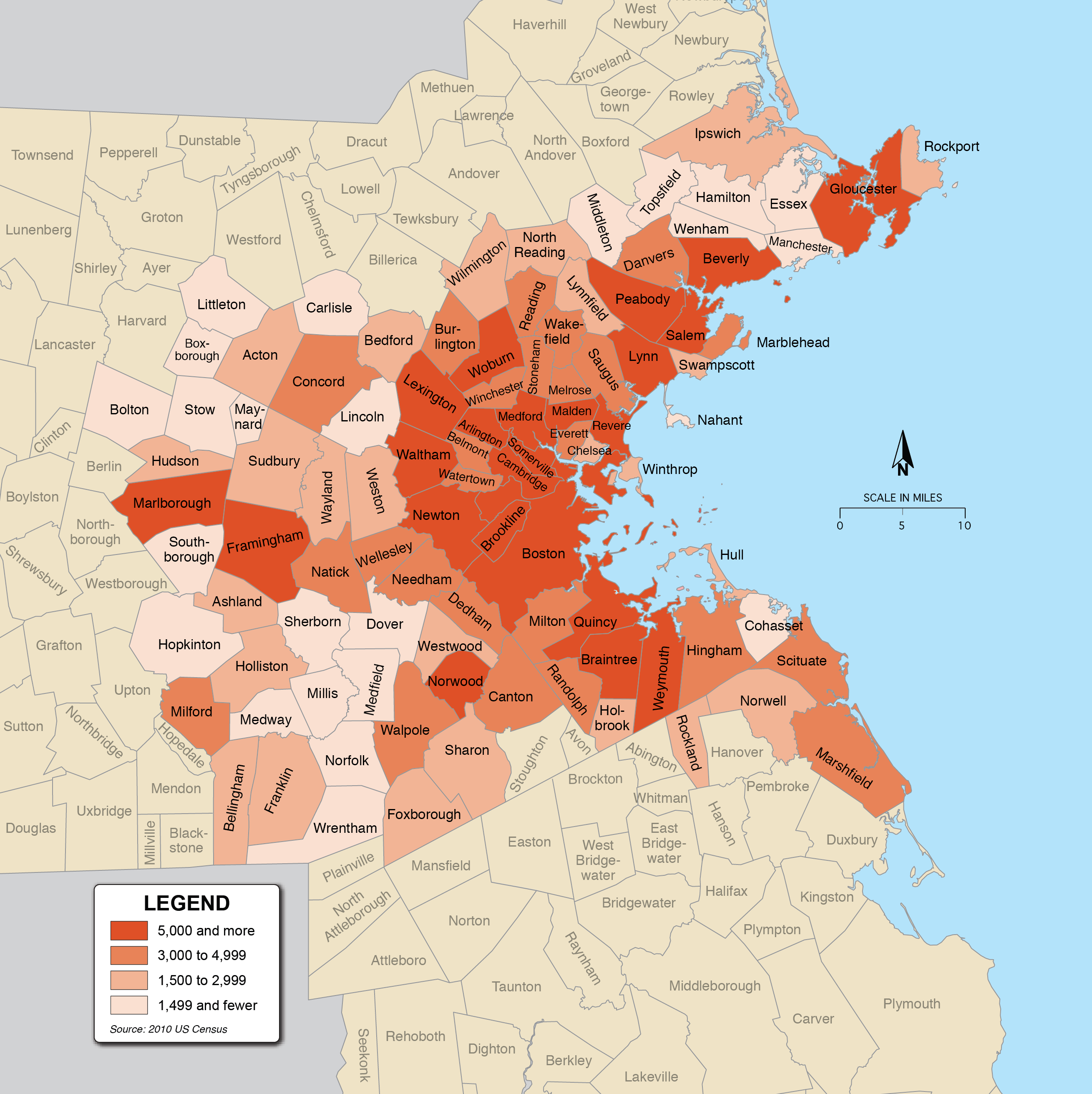 This map shows the number of people ages 65 and older in the Boston region by municipality.